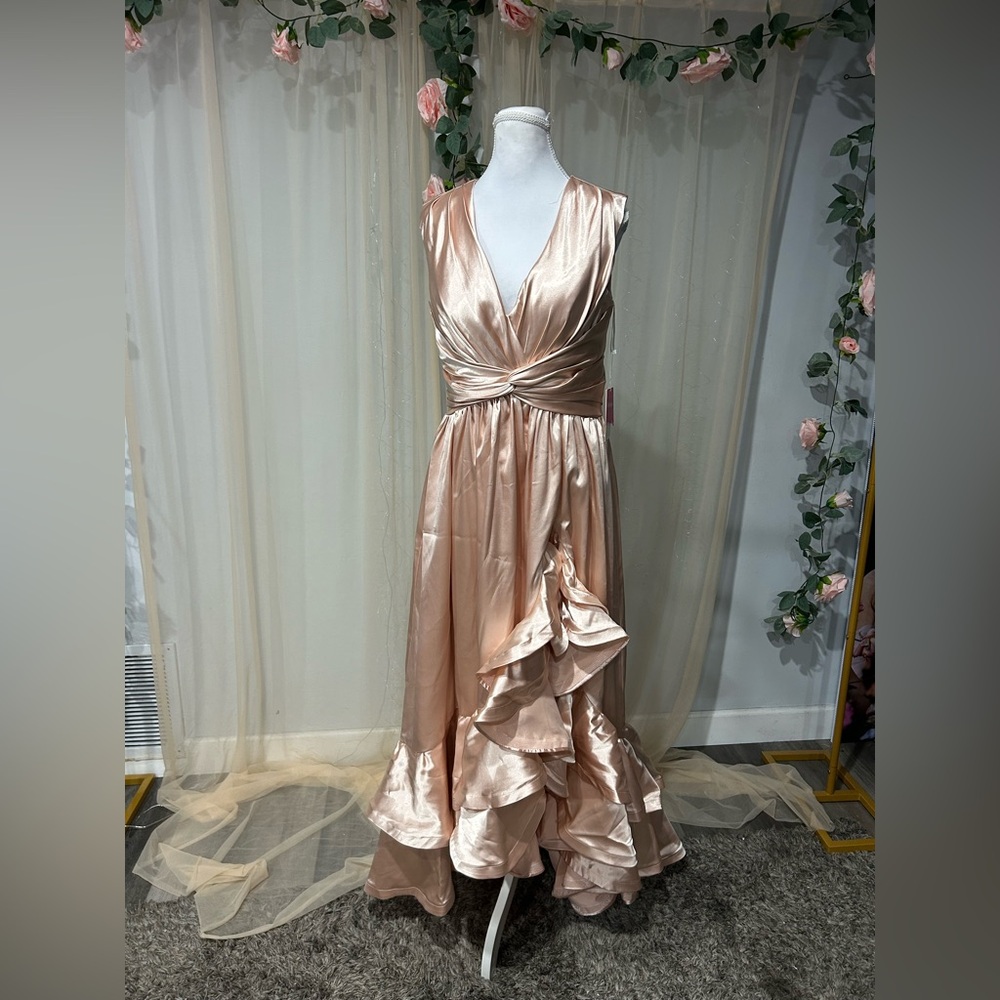 Glamorous High Low Satin Dress in Blush with front slit